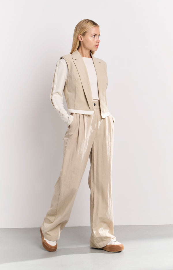 yaya Geweven katoenen broek met hoge taille en oversized pasvorm Twill Beige