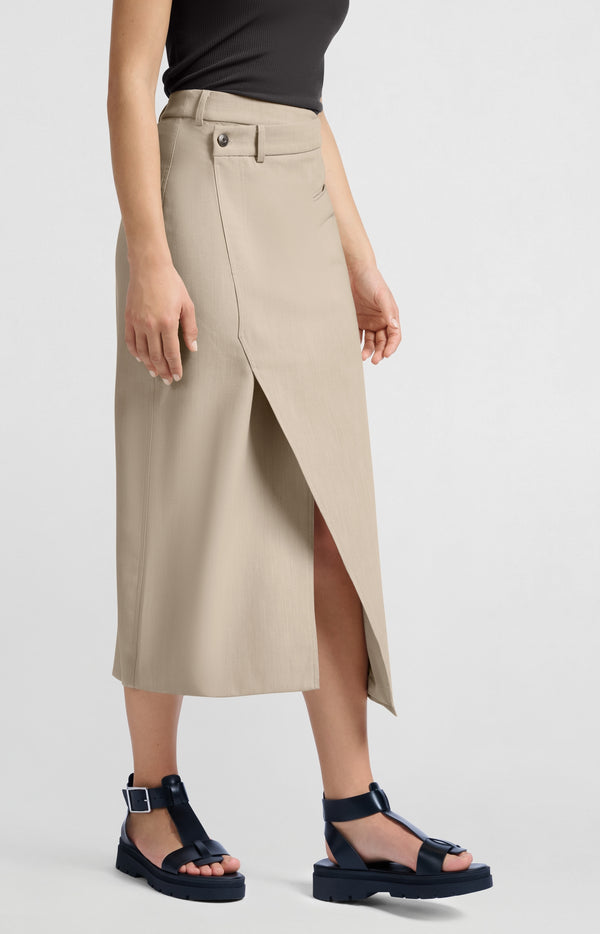 Yaya Geweven Melange Midi-rok Met Split Humus Beige Melange