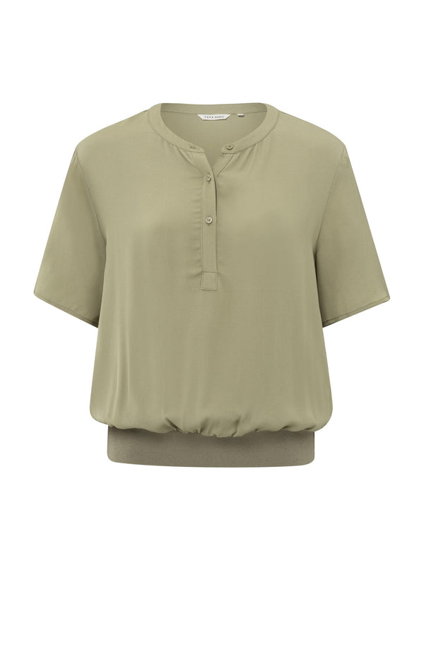 Yaya Geweven Polo Met Ribgebreide Tailleband Soft Green