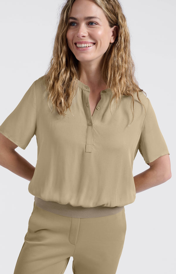 yaya Geweven polo met ribgebreide tailleband Soft Green