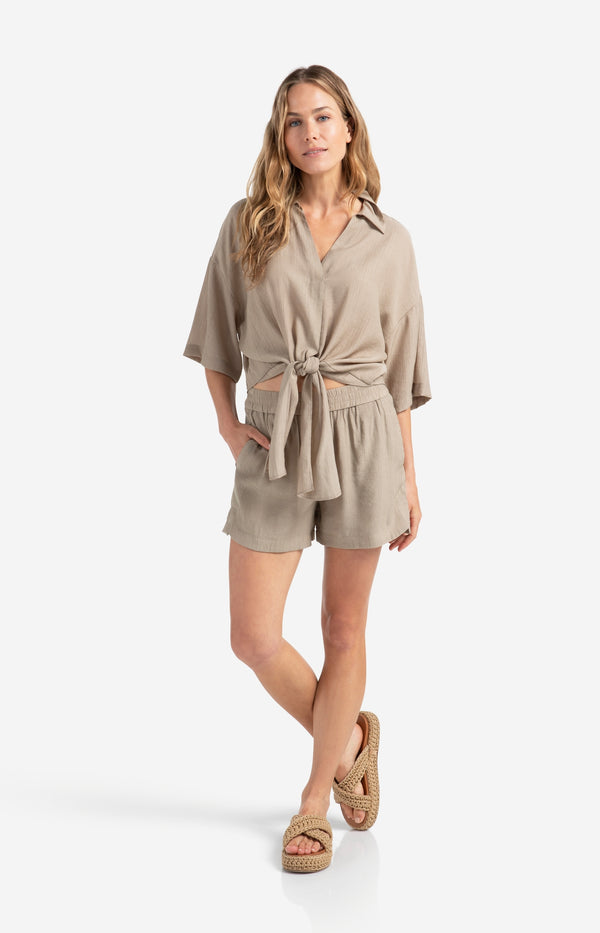 yaya Geweven short met structuur en elastische tailleband Seneca Rock Beige