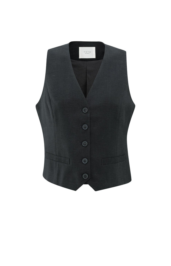 Yaya Gilet Van Linnenmix Met Knoopsluiting Washed Black