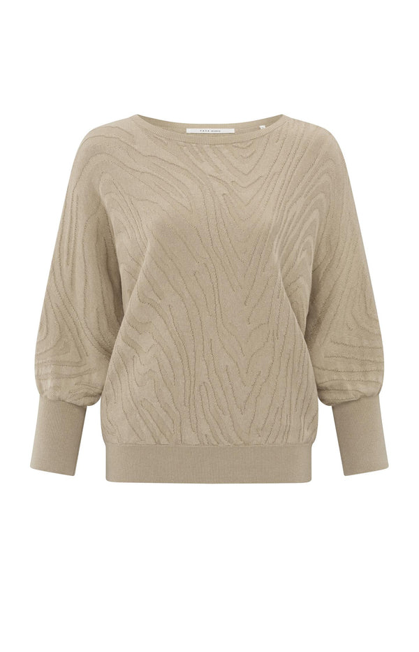 Yaya Jacquard Sweater Met Boothals En Driekwart Mouwen Humus Beige