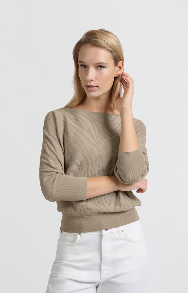 Yaya Jacquard Sweater Met Boothals En Driekwart Mouwen Humus Beige
