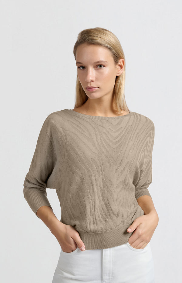 yaya Jacquard sweater met boothals en driekwart mouwen Humus Beige