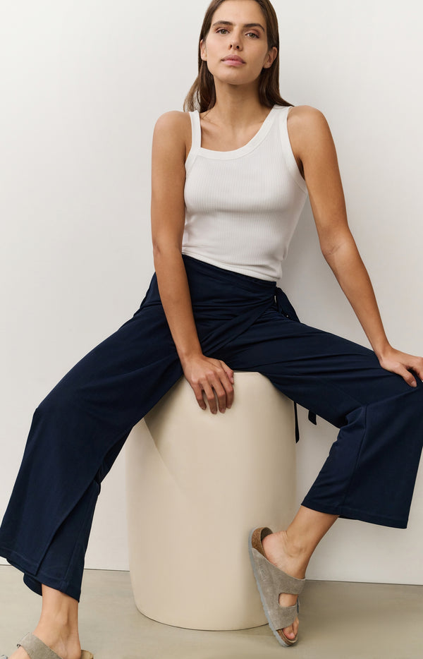 yaya Jersey broek met overslagrok effect en wijde pijpen Total Eclipse Blue