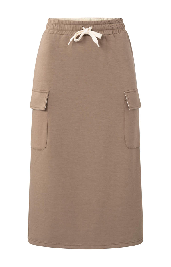 Yaya Jersey Midi Cargo-rok Met Elastische Taille Caribou Brown