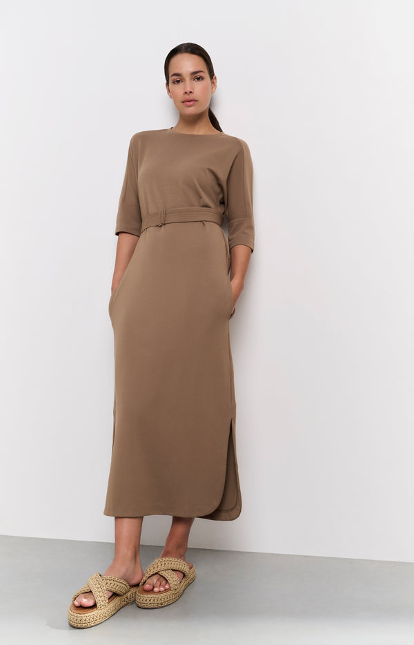 yaya Jersey midi-jurk met ceintuur en regular fit Caribou Brown