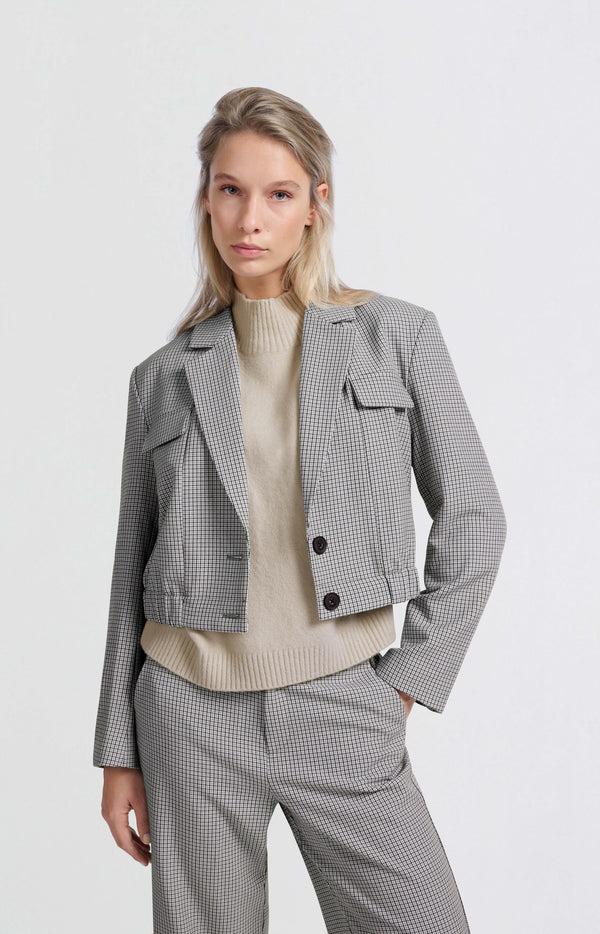 yaya Korte blazer met ruitpatroon en elastische taille Feather Grey Dessin