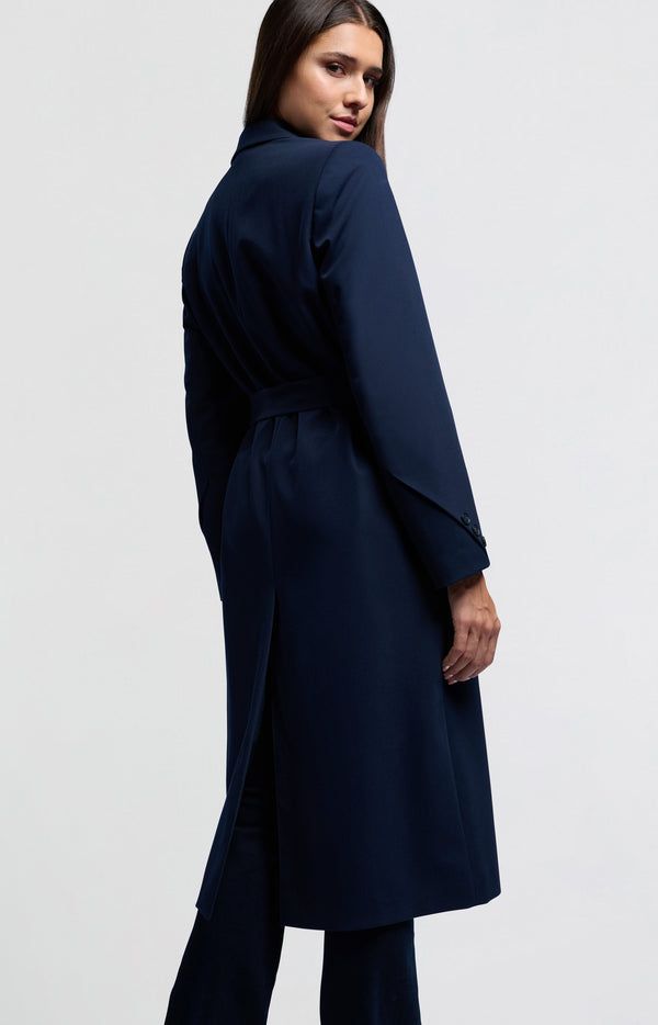 Yaya Lange Geweven Blazer Jas Met Ceintuur Outer Space Blue