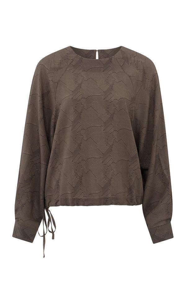 Yaya Lange Mouwentop Met Print En Trekkoord Caribou Brown Dessin