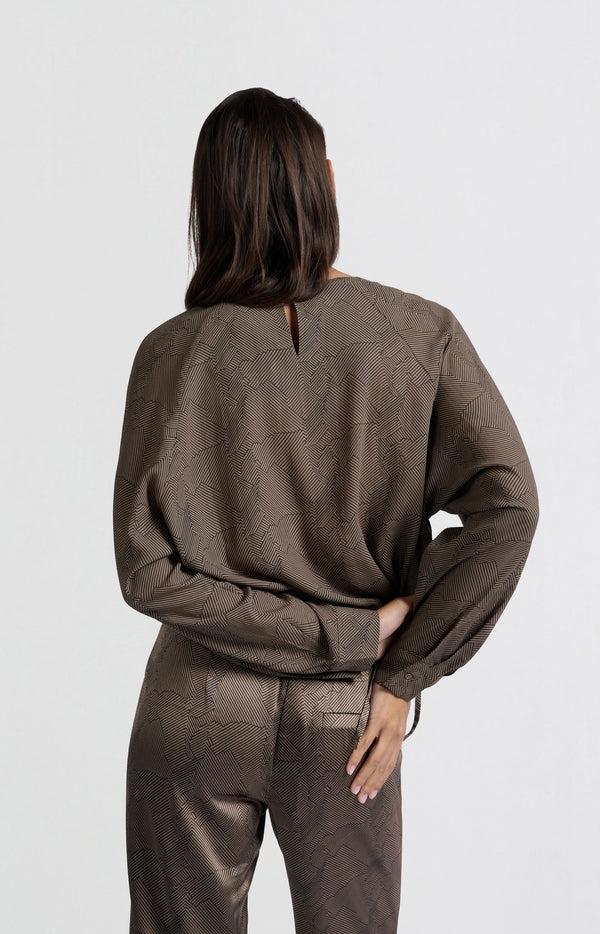 Yaya Lange Mouwentop Met Print En Trekkoord Caribou Brown Dessin