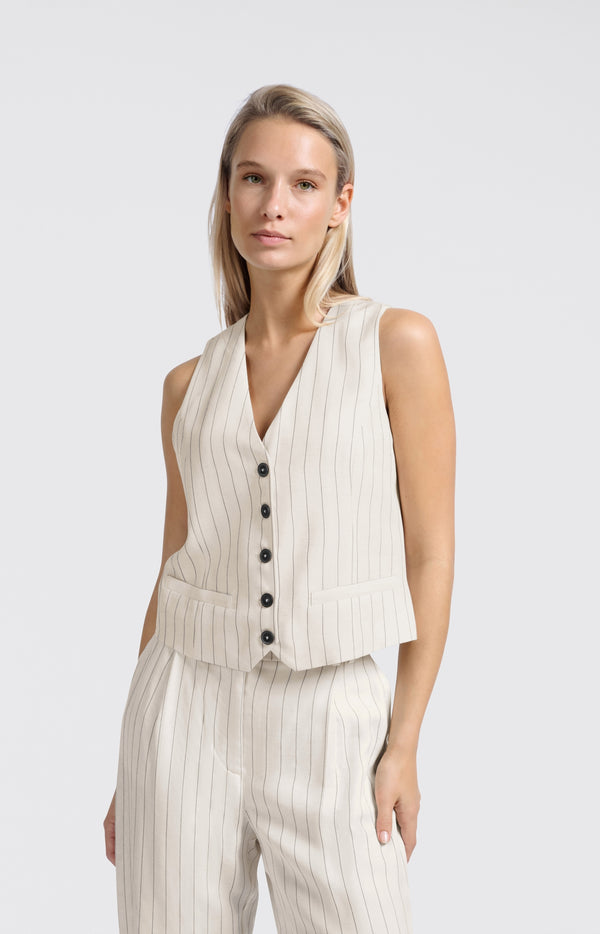 Yaya Linnenmix Gilet Met Krijtstreep Sand Linen Beige Dessin