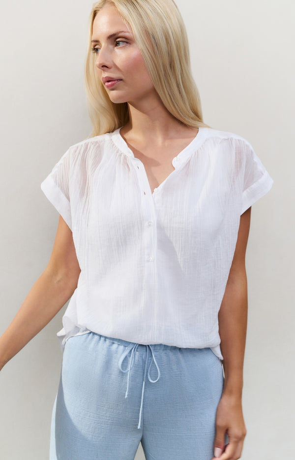 yaya Luchtige blouse met polokraag en kapmouwen Pure White