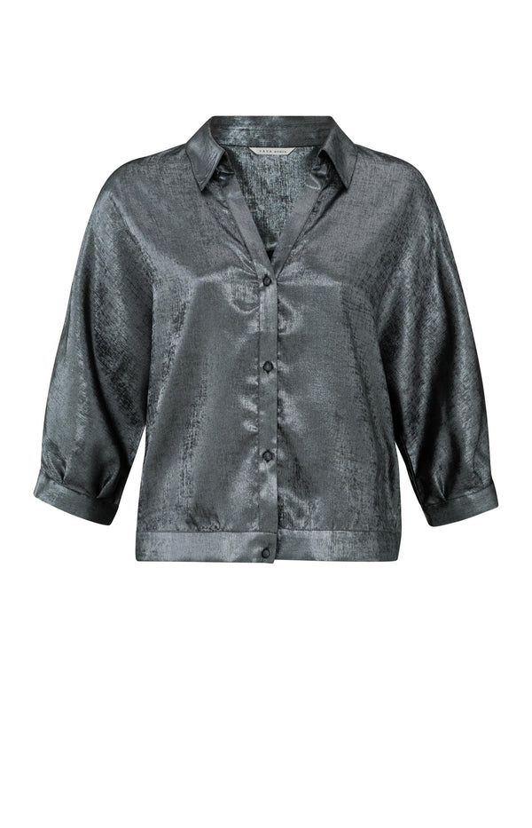Yaya Metallic Blouse Met Driekwart Vleermuismouwen Dark Metal Grey
