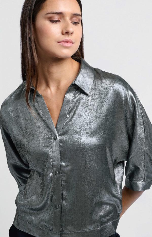 Yaya Metallic Blouse Met Driekwart Vleermuismouwen Dark Metal Grey