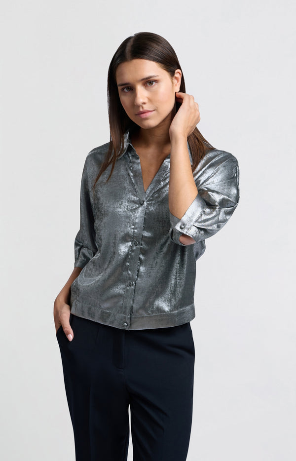 Yaya Metallic Blouse Met Driekwart Vleermuismouwen Dark Metal Grey
