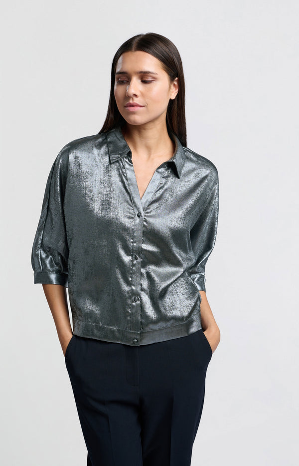 yaya Metallic blouse met driekwart vleermuismouwen Dark Metal Grey