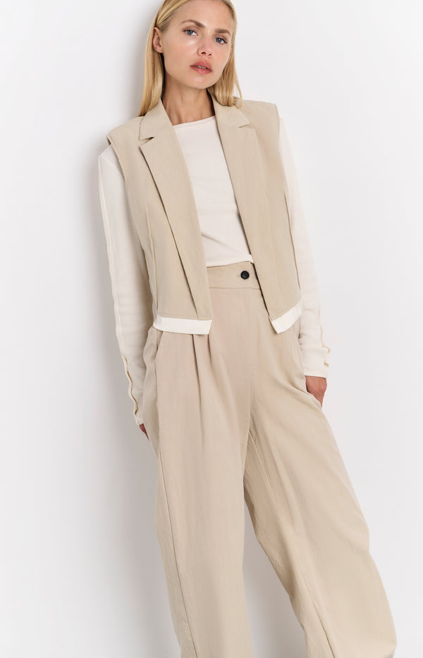 Yaya Mouwloos Gilet Van Katoen Met Contrasterende Details Twill Beige