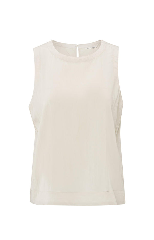 Yaya Mouwloze Geweven Top Met Ronde Hals Rainy Day Beige