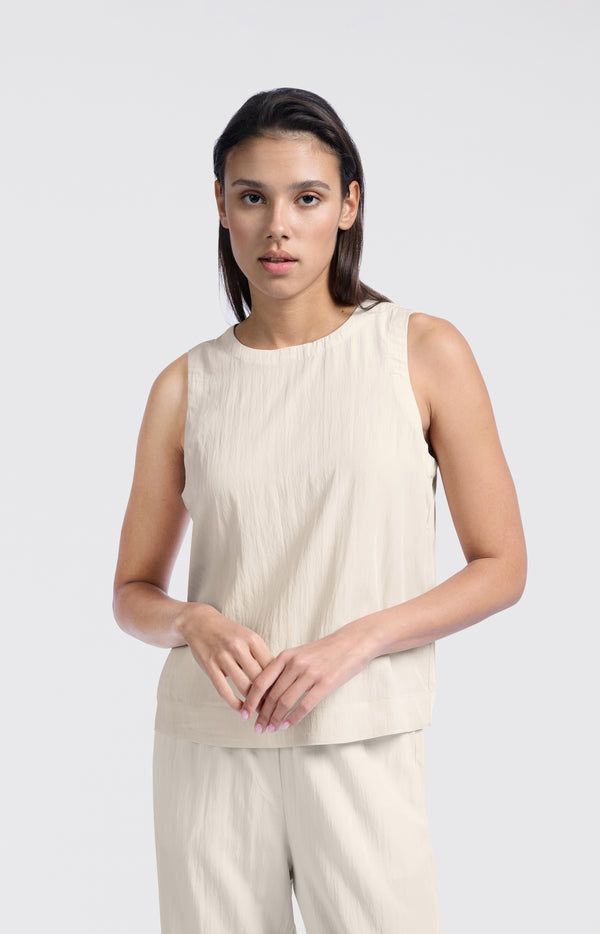 Yaya Mouwloze Geweven Top Met Ronde Hals Rainy Day Beige