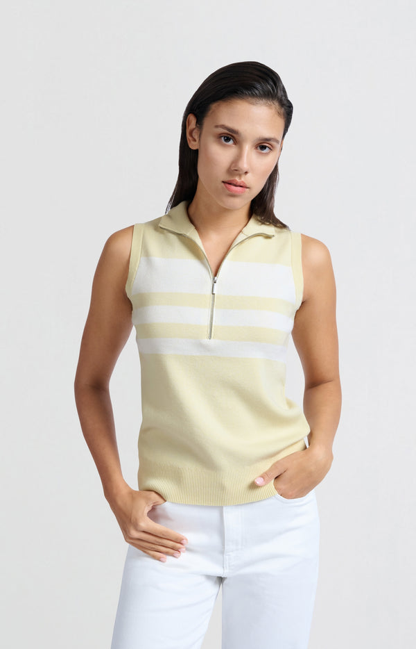 Yaya Mouwloze Trui Met Blokstrepen En Halve Rits Putty Beige Dessin