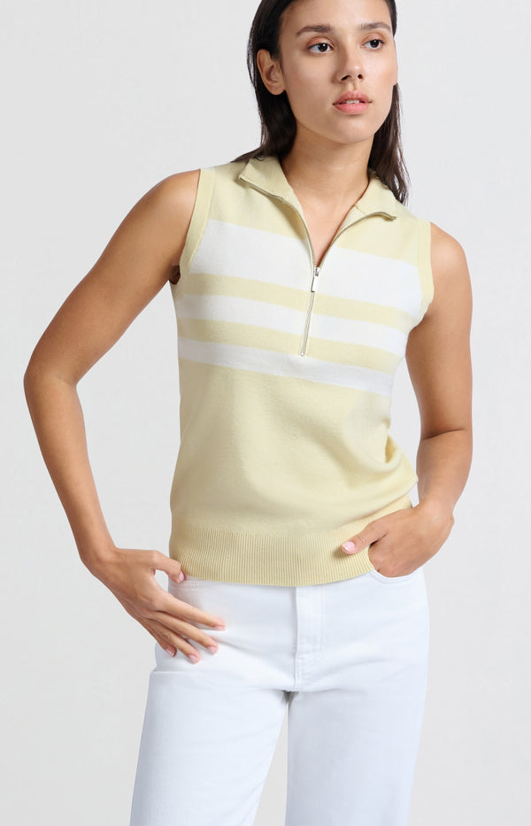 Yaya Mouwloze Trui Met Blokstrepen En Halve Rits Putty Beige Dessin