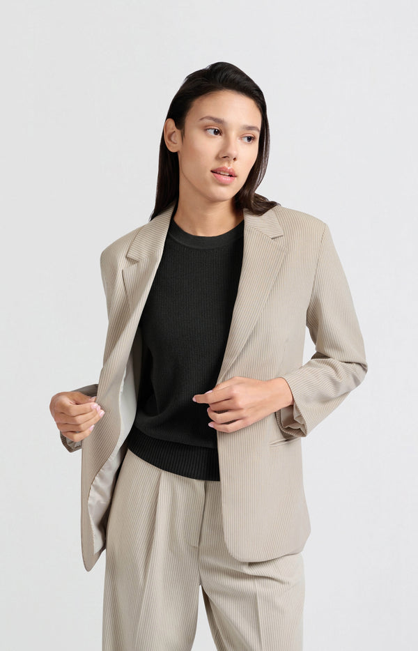 Yaya Oversized Blazer Met Krijtstreep En Strikceintuur Humus Beige Dessin