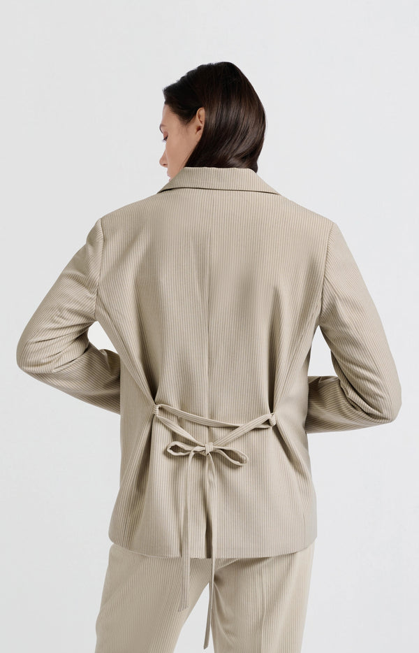 Yaya Oversized Blazer Met Krijtstreep En Strikceintuur Humus Beige Dessin