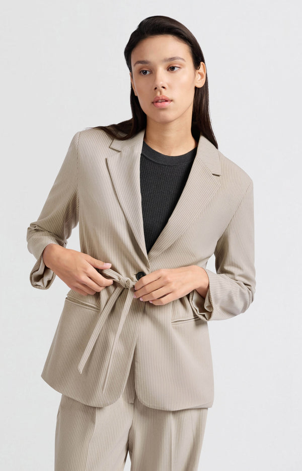 yaya Oversized blazer met krijtstreep en strikceintuur Humus Beige Dessin