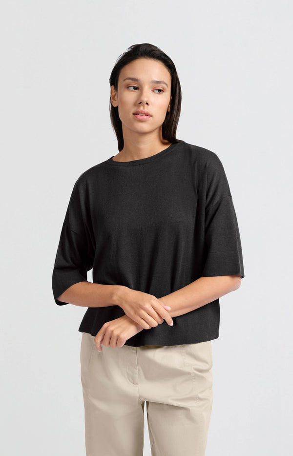 Yaya Oversized Fijngebreid T-shirt Met Halflange Mouwen Phantom