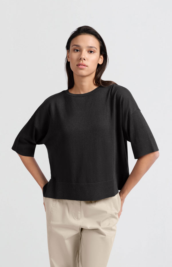 Yaya Oversized Fijngebreid T-shirt Met Halflange Mouwen Phantom