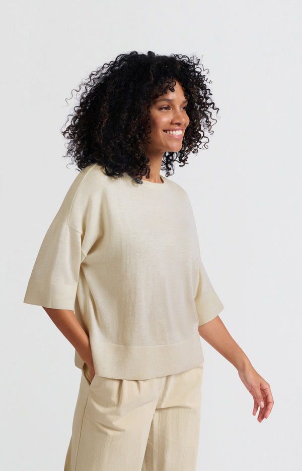 Yaya Oversized Fijngebreid T-shirt Met Halflange Mouwen Nature Melange