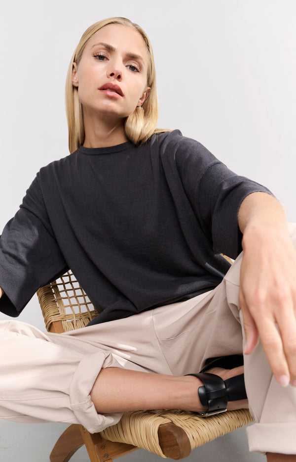 yaya Oversized fijngebreid T-shirt met halflange mouwen Phantom