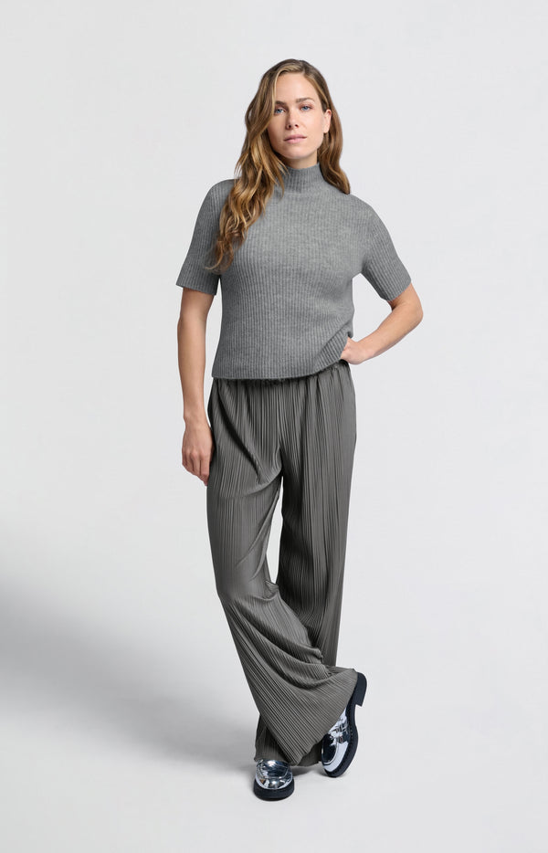 yaya Plissé broek met elastische tailleband en wijde pijpen Dark Metal Grey