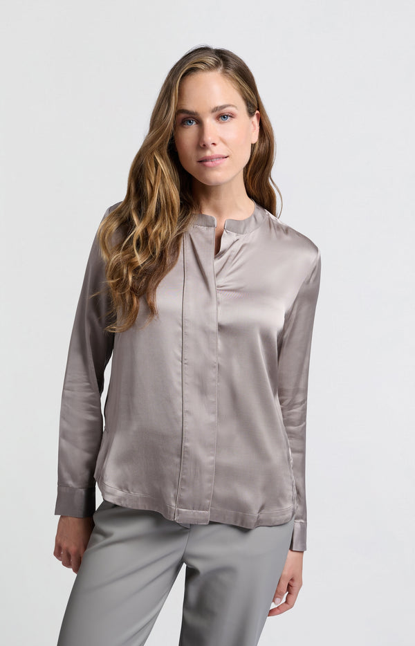 yaya Satijnen blouse met lange mouwen ronde hals en knopen Moon Rock Dark Sand