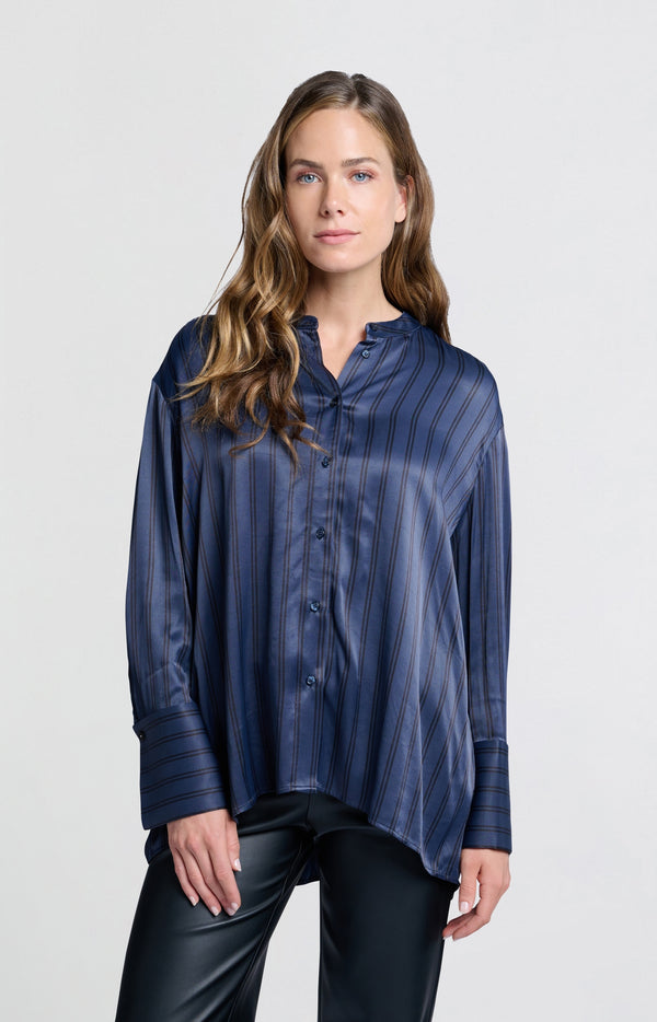 Yaya Satijnen Blouse Met Strepen En Hoge Ronde Kraag Outer Space Blue Dessin