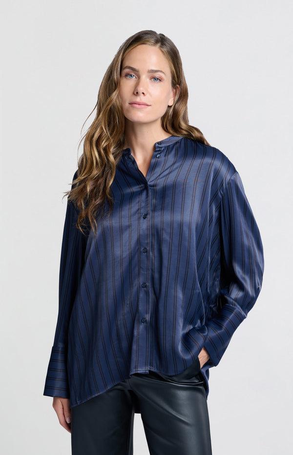 yaya Satijnen blouse met strepen en hoge ronde kraag Outer Space Blue Dessin