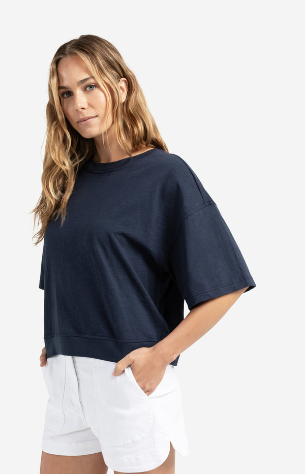 Yaya T-shirt Met Korte Mouwen En Gemêleerde Textuur Total Eclipse Blue