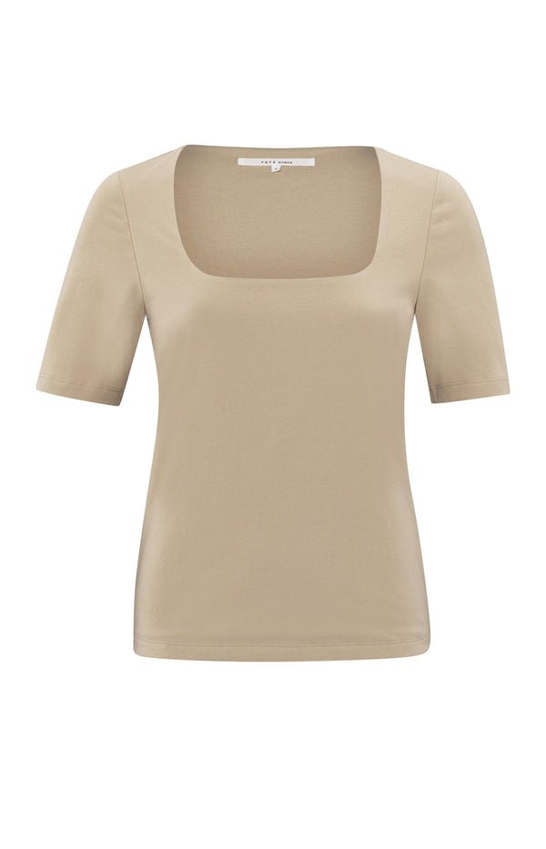 yaya T-shirt met korte mouwen en vierkante hals Humus Beige