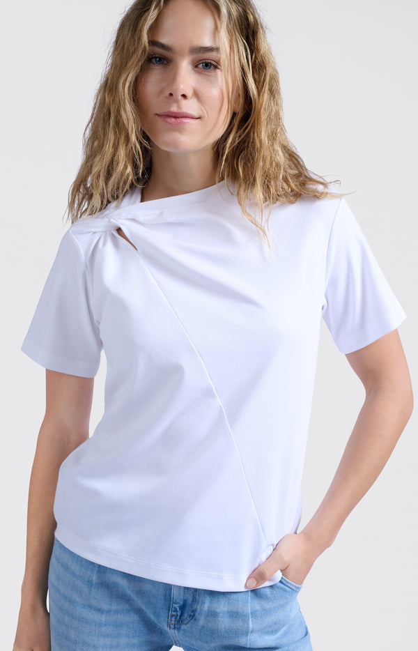 yaya Top met geknoopte hals en korte mouwen Pure White