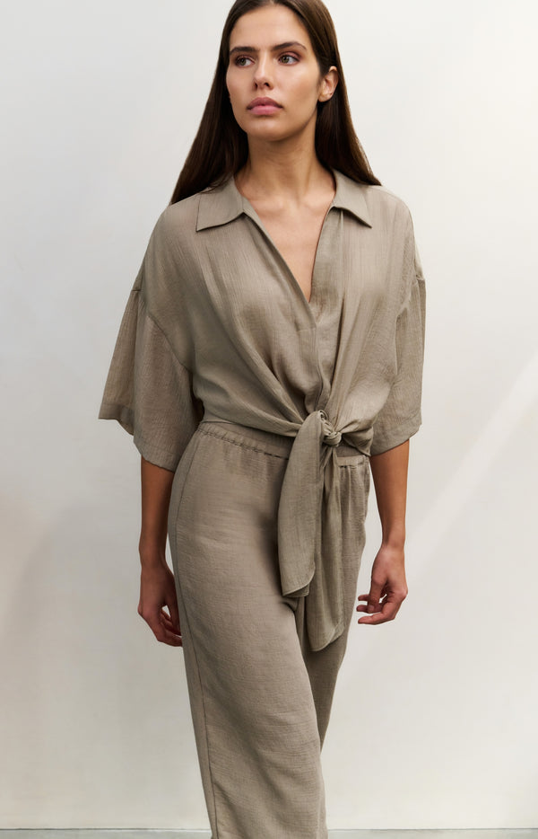 yaya Top met knoopdetail en wijde mouwen Seneca Rock Beige