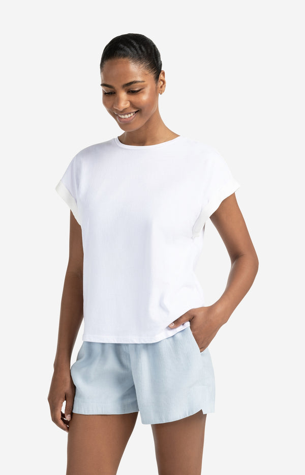 yaya Top met ronde hals en geweven omslagmouwen Pure White