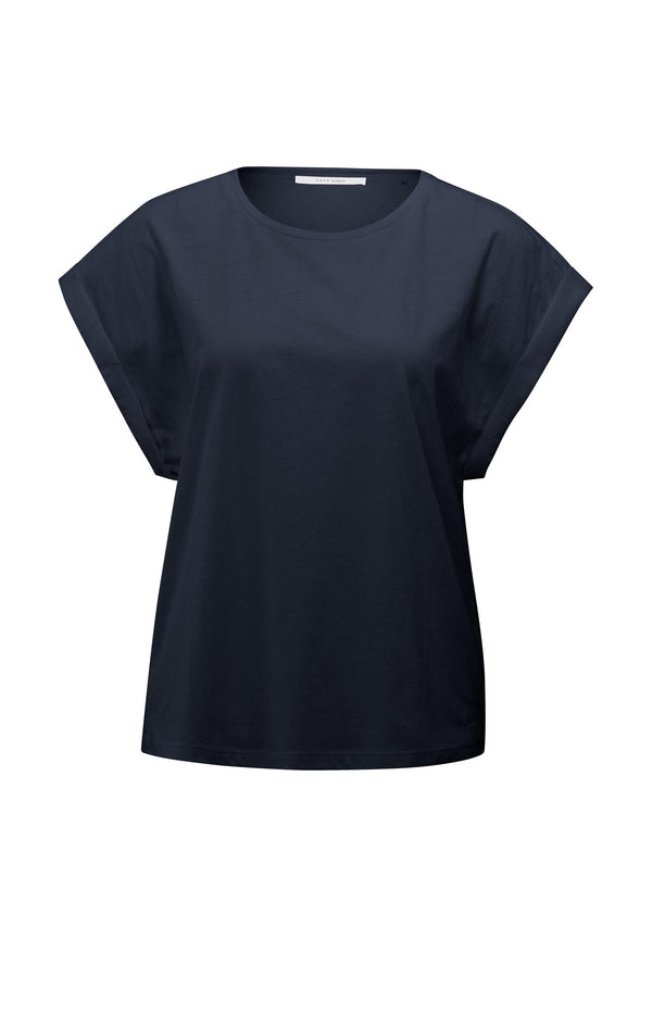 yaya Top met ronde hals en geweven omslagmouwen Total Eclipse Blue