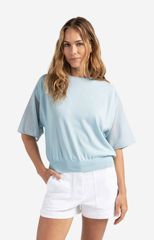 yaya Trui met boothals en transparante mouwen Baby Blue