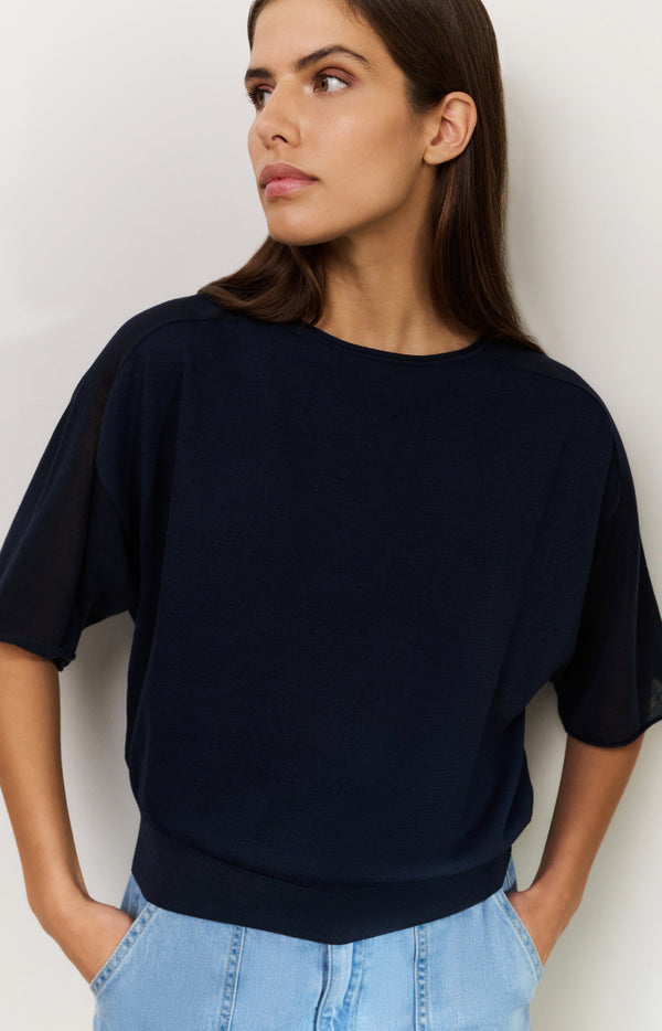 yaya Trui met boothals en transparante mouwen Total Eclipse Blue