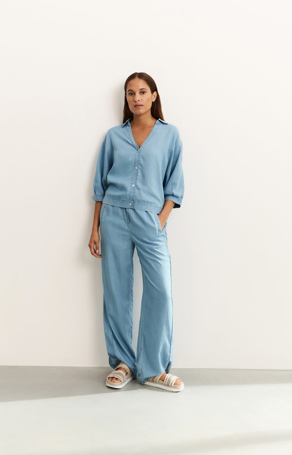 yaya Chambray broek met wijde pijpen Chambrey
