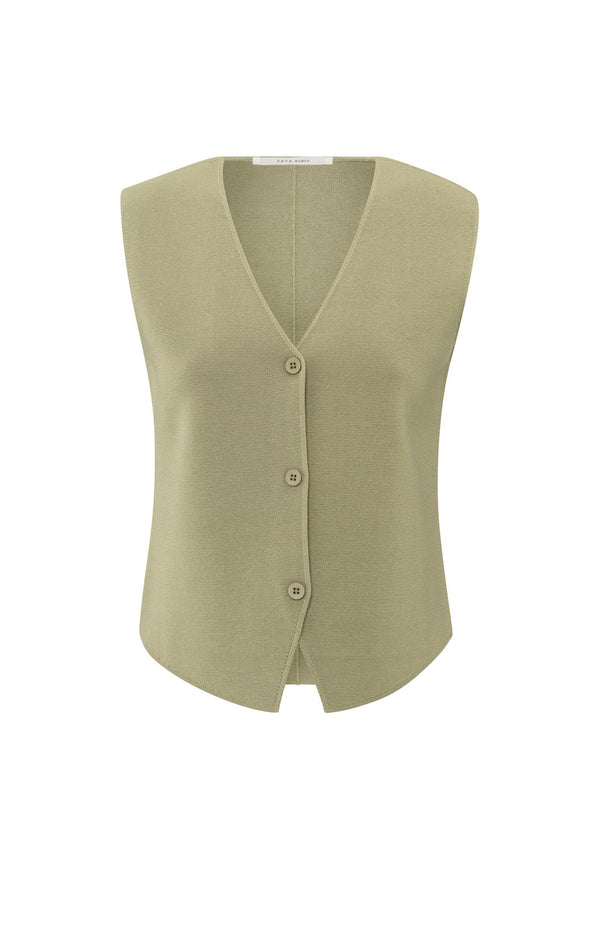 Yaya Fijngebreid Gilet Met V-hals Soft Green