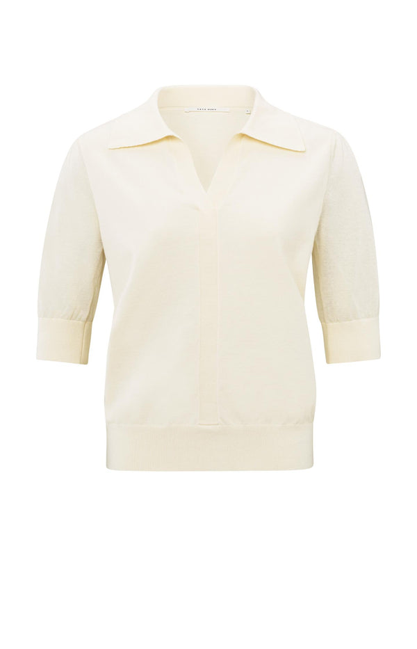 Yaya Gebreide Polo Met Halve Mouwen Off White Knit