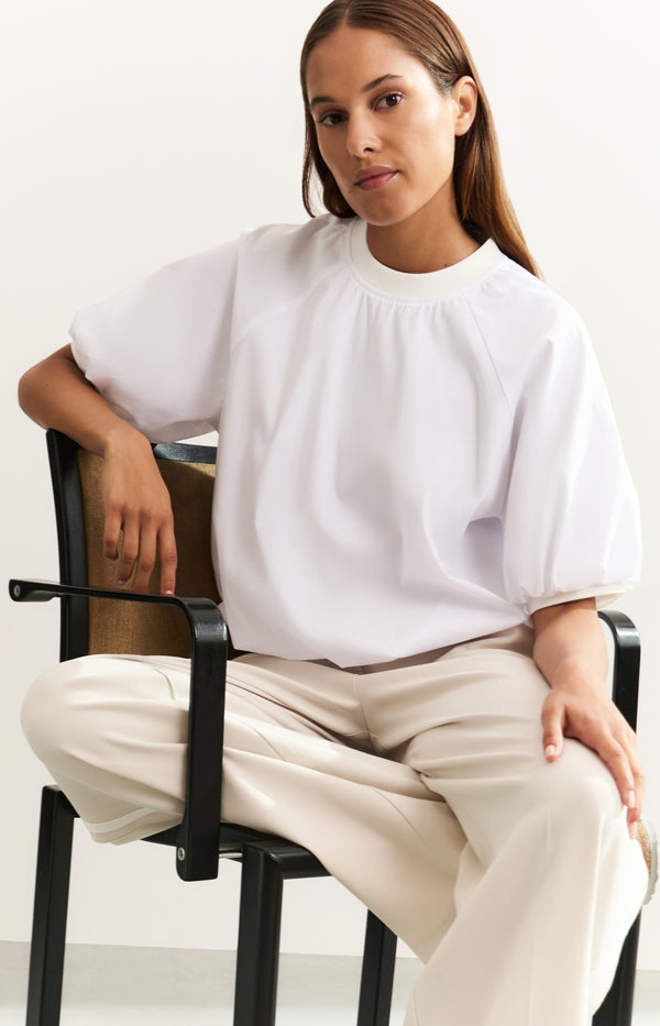 yaya Geweven T-shirt met pofmouwen Pure White